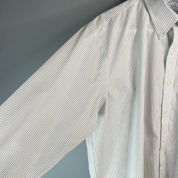BROOKS BROTHERS Mens Button Down Dress Shirt White Blue Grey Stripe Regular 17 - Picture 5 of 13